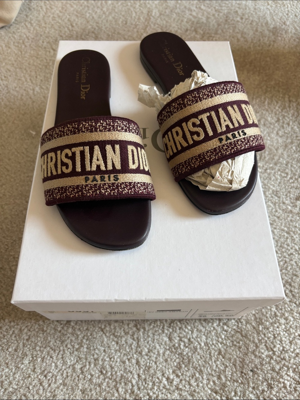 Dior Burgundy and Beige Logo Slide Sandals